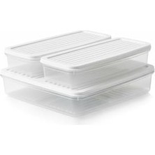 3’lü Slim Buzdolabı ve Derin Dondurucu Saklama Kabı Seti, 1 Büyük (28CM) ve 2 Küçük (27CM) Ince Uzun Erzak Kutusu, Gri ve Beyaz Kapaklı Mutfak Düzenleyici (Beyaz - 3 Lü Set)