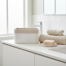 Mini Dikdörtgen Bambu Düzenleyici ve Saklama Sepeti – Beyaz Ahşap Banyo, Makyaj ve Ofis Organizeri, Kumaş Astarlı Çok Amaçlı Dekoratif Kutu (20X15X10 Cm)