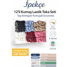 İpekçe Ipekçe 12'li Bürümcük Kumaş Scrunchie Lastik Toka Seti - Saç Kırmayan Yumuşak Doku Pastel ve Toprak Tonları