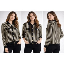 Bej Siyah Çizgili Düğmeli  Kadın Hırka