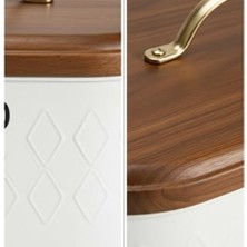 Beyaz Metal Ekmek Kutusu 33X18X18 cm | Ahşap Kapaklı Büyük Hacimli Ekmeklik | Kulplu Modern Mutfak Depolama Kabı | Uzun Süre Taze Saklama