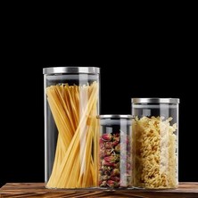 Kare Borosilikat Cam Sızdırmaz Vakumlu Erzak ve Bakliyat Saklama Kabı – Havadaki Termisil Kavanoz, Şeker, Un, Makarna, Çay, Kahve ve Kuru Gıdalar Için Ideal (Metal Yuvarlak, 1150 Ml)