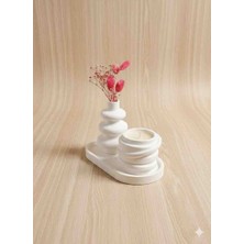 Minelly Mınelly Aura | Bohem Mumluk & Vazo Seti Dekoratif Vazo ve Mumluk Seti Beyaz Minimal Tasarım Oval Tepsili El Yapımı Modern Ev Dekoru Salon Ofis Masa Üstü Biblo Seti