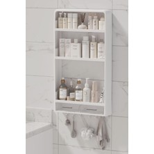 Çok Amaçlı Yapışkanlı Duvar Rafı Organizer 3 Katlı Banyo & Mutfak Rafı 2 Çekmeceli Havluluk (Beyaz)