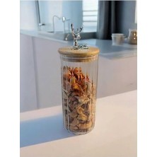 (9X20 Cm) 1 Adet Geyikli Cam Saklama Kavanozu Geyik Başı Gümüş Renk Hava Geçirmez Y-411,ŞEFFAF