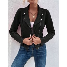 Nidam Butik Kadın Uzun Kollu Yakalı Önden Fermuarlı Kısa Süet Ceket