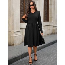 Kendim Fashion Kadın Uzun Kollu V Yakalı Cepli Midi Ithal Krep Elbise