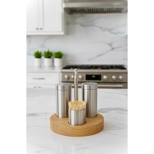 3'lü Tuzluk Seti Yuvarlak Ahşap Iroco Standlı 304 Kalite Paslanmaz Çelik