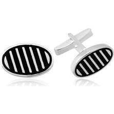 Inure Jewelry Gümüş Çapraz Çizgili Oval Kol Düğmesi