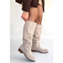 Elma Shop Winda Bej Süet Körüklü Topuklu Çizme