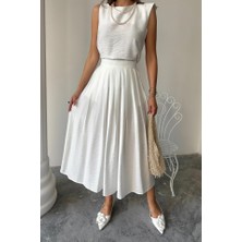 Mericline Keten Kolsuz Bluz - Maxi Etek Takım - Beyaz