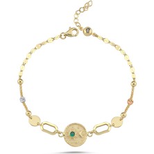 Sembol Gold Vintage Yeşil Taşlı Yuvarlak Motif Altın Bileklik17-20 cm