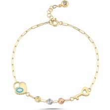Sembol Gold Kalp & Nazar Detaylı Altın Bileklik 17-20 cm