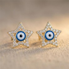 Zeino Yıldız Nazar Boncuklu Küpe - 14K Altın Rengi Kaplama, 1,5 cm