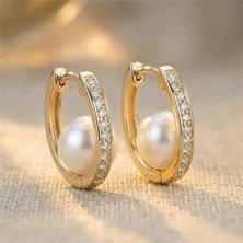 Zeino İnci Taşlı Halka Küpe - 14K Altın Kaplama - 21 mm