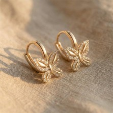 Zeino Kelebek Taş Detaylı Sallantılı Halka Çelik Küpe - 14K Altın Rengi Kaplama, 1,8 cm