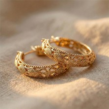 Zeino Işlemeli Halka Küpe - 14K Altın Rengi Kaplama, 3,5 cm