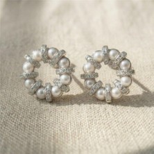 Zeino Inci ve Zirkon Taşlı Yuvarlak Küpe - Gümüş Rengi Kaplama, 1,3 cm Çap