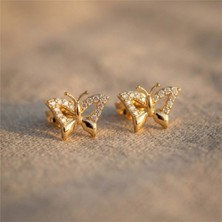 Zeino Kelebek Taş Detaylı Çelik Küpe - 14K Altın Rengi Kaplama, 9 mm