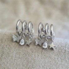 Zeino Kelebek Yıldız Damla Sallantılı Zirkon Taşlı Halka Küpe Seti - Gümüş Rengi Kaplama, 1,9 cm