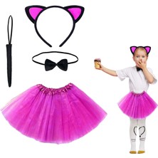 Buğz Fuşya Renk Etekli Kedi Kostüm Seti (Tütü, Taç, Papyon, Kuyruk)
