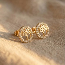 Zeino Hayat Ağacı Yuvarlak Çelik Küpe - 14K Altın Rengi Kaplama, 1 cm