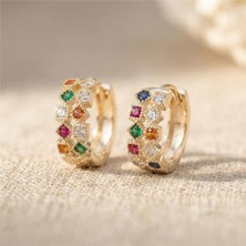 Zeino Çift Sıra Renkli Taşlı Halka Çelik Küpe - 14K Altın Rengi Kaplama, 1 cm Çap