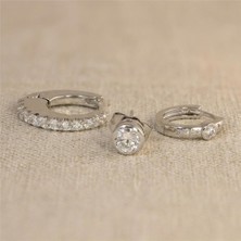 Zeino Tektaş Halka Zirkon Taşlı 3'lü Küpe Seti - Gümüş Rengi Kaplama