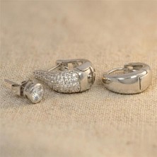 Zeino Damla Halka Tek Taşlı Küpe Zirkon Taşlı 3'lü Küpe Seti - Gümüş Rengi Kaplama