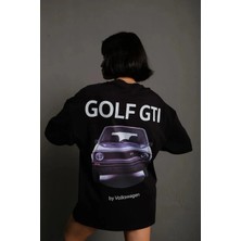Giyim Center Kadın Oversize Baskılı Tişört - Golf Gtı Retro Araba Desenli, Ön & Arka Dijital Baskı, Sokak Modası Stil - Siyah