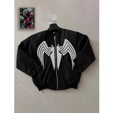Giyim Center Unisex Siyah Bomber Mont - Venom Beyaz Örümcek Logolu, Fermuarlı Cepli, Kapitone Astarlı Günlük Mont - Siyah