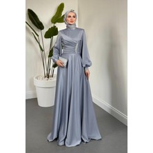 Merven Akyüz Florentine Taşlı Saten Abiye Gri