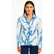 Giyim Center Kadın Tam Fermuarlı Desenli Polar Sweat Lightning Desen Yakalı, Uzun Kollu, Oversize Rahat Kalıp - Beyaz