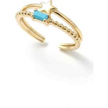 Stainles Steel 316L Paslanmaz Çelik Gold Turkuaz Baget Taşlı Yıldız Yüzük - Kararmaz