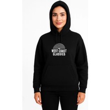 Giyim Center Kadın Kapşonlu Sweatshirt - Oversize Üç Iplik Şardonlu Hoodie, 'west Coast Classics' Ön & Arka Baskılı, Kanguru Cepli Kışlık Günlük Stil - Siyah