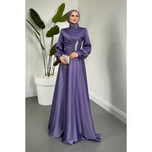 Merven Akyüz Florentine Taşlı Saten Abiye Lila