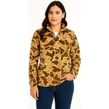 Giyim Center Kadın Yarım Fermuarlı Desenli Polar Sweat Yakalı, Uzun Kollu, Oversize Rahat Kalıp - Kahverengi