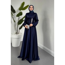 Merven Akyüz Florentine Taşlı Saten Abiye Lacivert