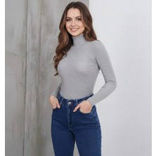 Giyim Center Kadın Tam Boğazlı Fitilli Likrali Kaşkorse Badi Ince Uzun Kollu Kazak - Gri