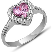 Inure Jewelry Gümüş Pembe Taşlı Kalpli Kadın Yüzük