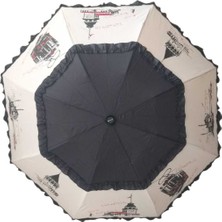 Rubenis Istanbul Desenli Kadın Şemsiye, Siyah-Bej, Dayanıklı ve Şık Tasarım