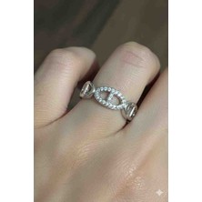 Stainles Steel Kadın Çelik Ikonik Zincir Tasarım Taşlı Yüzük - Antialerjik