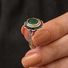 Inure Jewelry Gümüş Yeşil Çiçek Desenli Otantik Kadın Yüzük