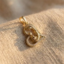 Zeino Zirkon Taşlı Kalp İçinde Anne Çocuk Kolye Ucu - 14K Altın Kaplama - 3 cm - 17 mm