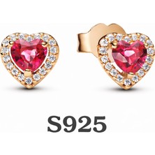 Poseidons Jewellery Gold Renk Kırmızı Taşlı Kalp Çivi Küpe