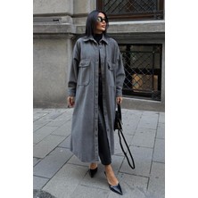 Lijuri Oversize Cepli Düğmeli Uzun Kaşe Kaban 7131