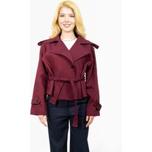 Kadın Trenkot Kısa Kadın Ceket Kruvaze Apoletli Astarlı Düğmeli Belden Bağlamalı Tesettür Lotus