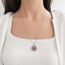 Fiorentaş Ametist Kalp Uçlu Doğal Taş Kolye – Zarif Çiçek Detaylı Minimal Tasarım