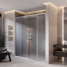 Monaqua Arteko Duşakabin Ön Cephe, 2 Sabit 2 Kayar - Parlak Eloksal Alüminyum Profil - Satine Buzlu 5mm Cam