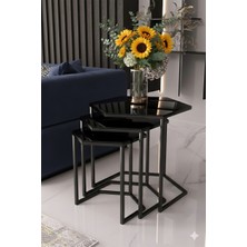 Dzgn Home Vatoz Altıgen Siyah Metal Siyah Cam 3lü Zigon Sehpa
